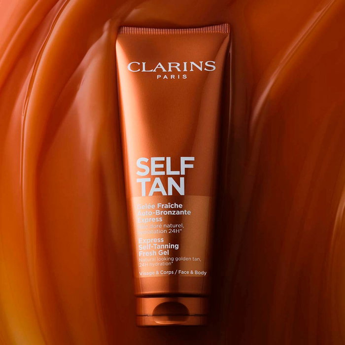 Clarins Gel Autobronceador Express Self-Tanning para Rostro y Cuerpo, Brinda un Bronceado Natural y Uniforme, Fórmula Ligera de Rápida Absorción, 125 ml
