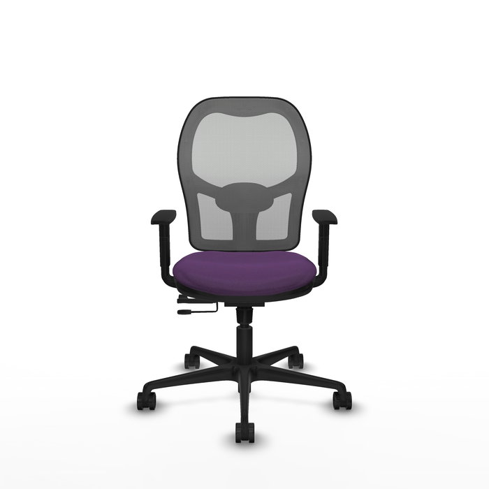 Silla de oficina Jorquera con mecanismo Sincro/Traslack tapizada con Tela color Morado y malla color Gris. Equipada con lumbar 1D, Brazos 1D y Ruedas 65mm nailon