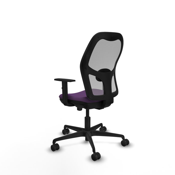 Silla de oficina Jorquera con mecanismo Sincro/Traslack tapizada con Tela color Morado y malla color Gris. Equipada con lumbar 1D, Brazos 1D y Ruedas 65mm nailon