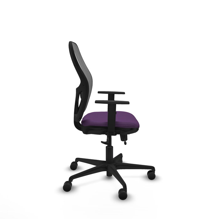 Silla de oficina Jorquera con mecanismo Sincro/Traslack tapizada con Tela color Morado y malla color Gris. Equipada con lumbar 1D, Brazos 1D y Ruedas 65mm nailon