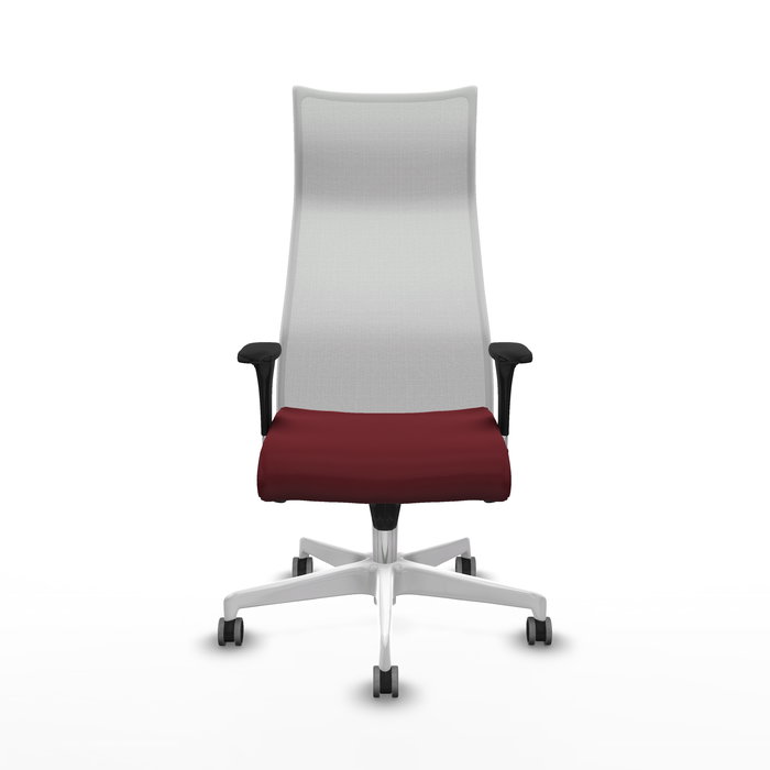 Sillón Albacete con mecanismo Sincro tapizada con Similpiel color Granate y malla color Blanco. Equipado con Base poliamida blanca, Brazos 1D y Ruedas 65 mm parqué