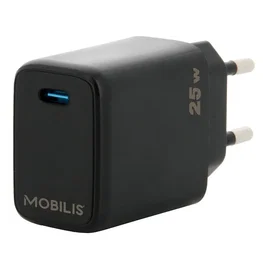 Mobilis 001380 Cargador de Pared Universal 25W USB-C con Carga Rápida PD, Compatible con Móviles, Color Negro, Enchufe Tipo C