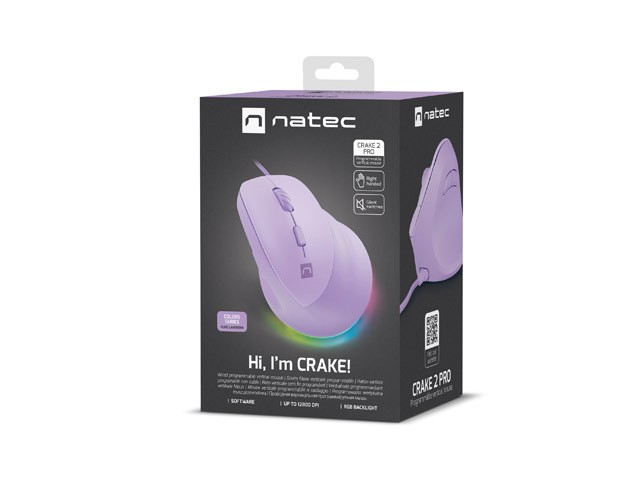 Natec Crake 2 Pro Ratón Vertical Cableado Óptico 12800 DPI 6 Botones Púrpura