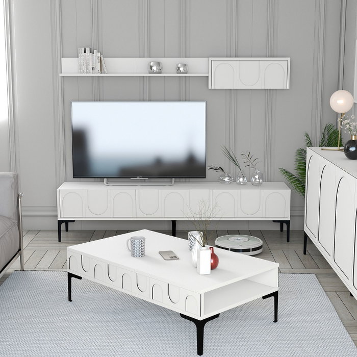 Hanah Home Lyon 3 Mueble de Salón Completo, Mesa TV, Estanterías y Mesa de Centro, Blanco y Negro