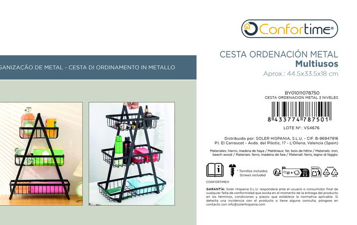 Inde Cesta de Ordenación de Metal de 3 Niveles con Ruedas - 44.5x33.5x18 cm (6 Unidades)