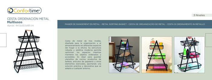 Inde Cesta de Ordenación de Metal de 3 Niveles con Ruedas - 44.5x33.5x18 cm (6 Unidades)