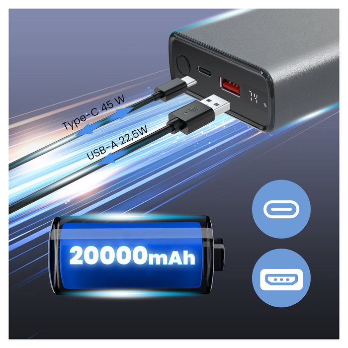 Extralink EPB-126 Powerbank 20000mAh 45W PD USB-C Plata
