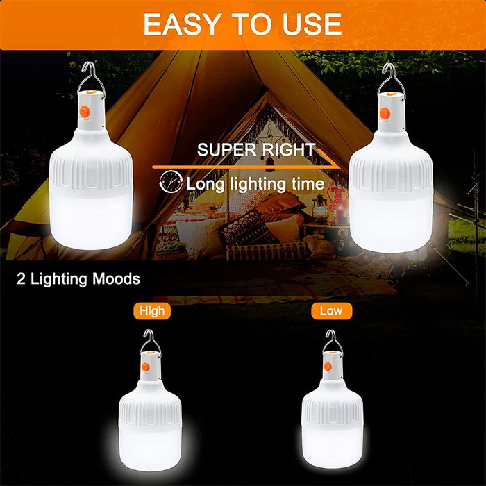 New Garden Bombilla LED Portátil Recargable, 500 lm, IP44, Luz Blanca con 2 Intensidades e Intermitente, Incluye Gancho y Cable USB Tipo C, 8 x 15 cm, Pack de 2 Unidades