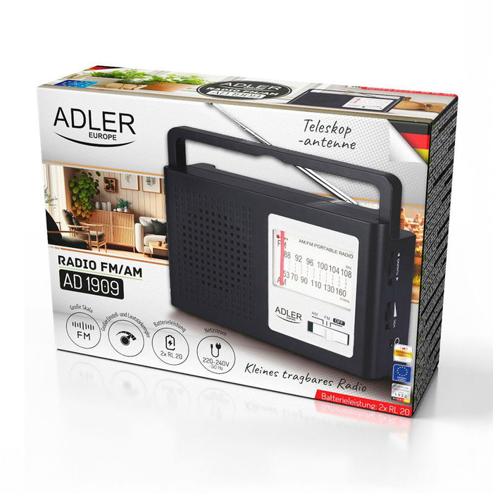 Adler Radio portátil AM/FM, bandas 87.5-108 MHz & 522-1620 kHz, antena telescópica, alimentación red/pilas, 15.5 x 21 x 6 cm