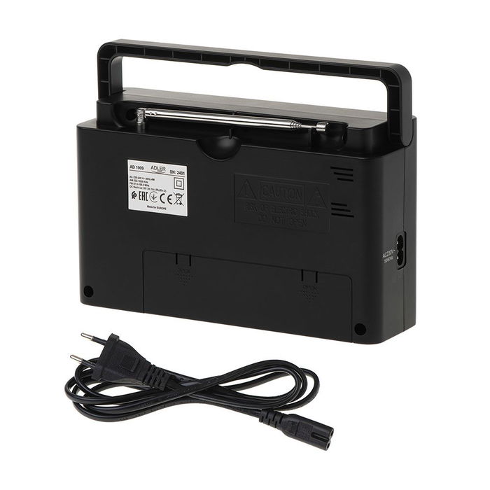 Adler Radio portátil AM/FM, bandas 87.5-108 MHz & 522-1620 kHz, antena telescópica, alimentación red/pilas, 15.5 x 21 x 6 cm