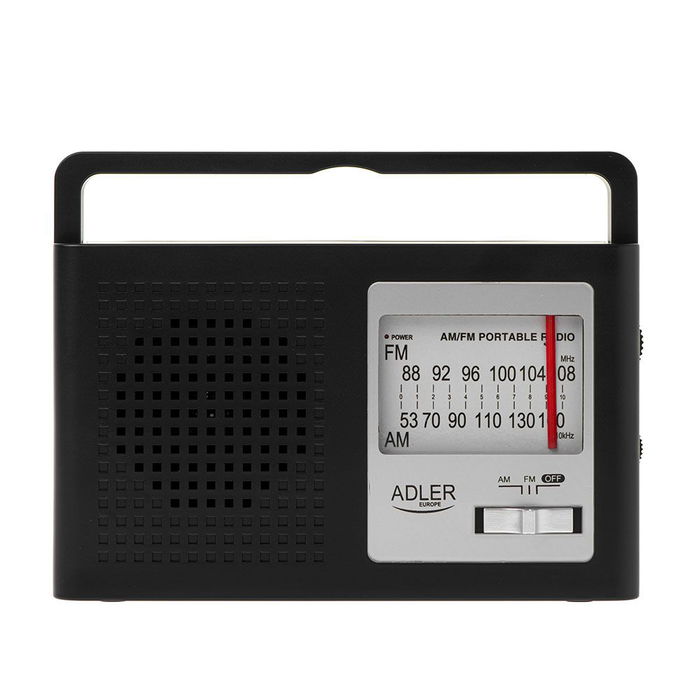Adler Radio portátil AM/FM, bandas 87.5-108 MHz & 522-1620 kHz, antena telescópica, alimentación red/pilas, 15.5 x 21 x 6 cm