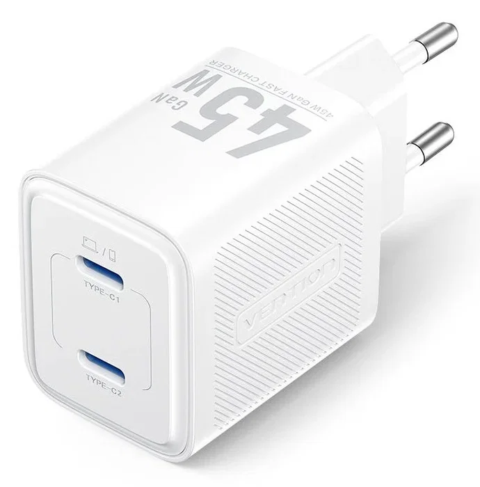 Vention Cargador de Pared GaN 45W con 2 Puertos USB-C FEFW0-EU Blanco Vention Cargador de Pared GaN 45W con 2 Puertos USB-C FEFW0-EU Blanco
