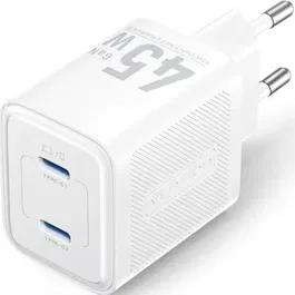 Vention FEFW0-EU Cargador de Pared GaN 2xUSB Tipo-C 45W Blanco Enchufe UE