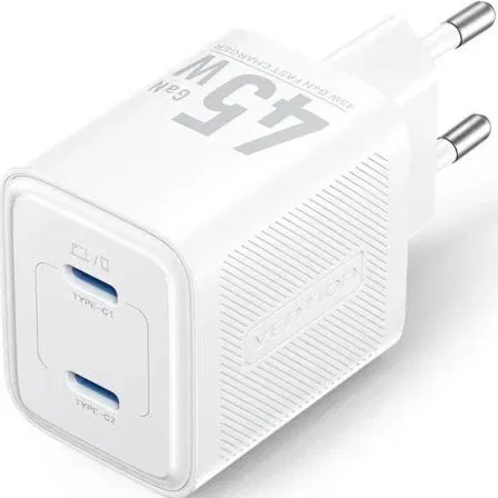 Vention FEFW0-EU Cargador de Pared GaN 2xUSB Tipo-C 45W Blanco Enchufe UE Vention FEFW0-EU Cargador de Pared GaN 2xUSB Tipo-C 45W Blanco Enchufe UE