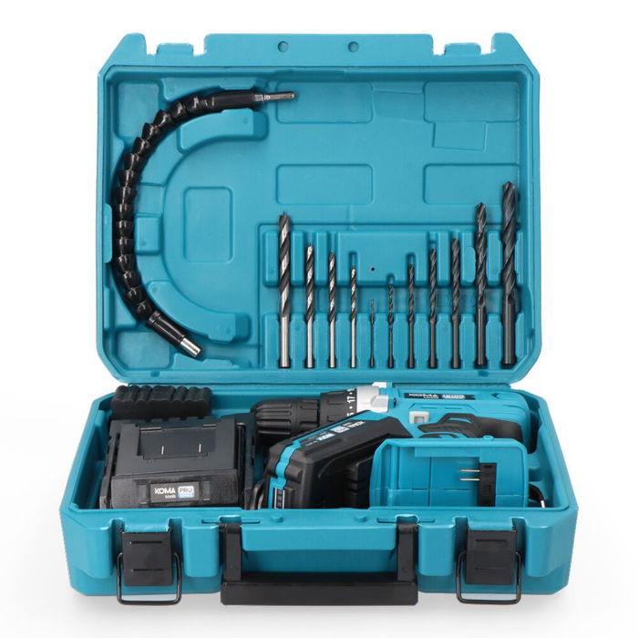 Koma Tools Kit Taladro Atornillador 20V con Maletín, Batería 2.0Ah, Cargador y 40 Accesorios, 2 Velocidades, Par 35Nm, Modelo 20V-TA40-K