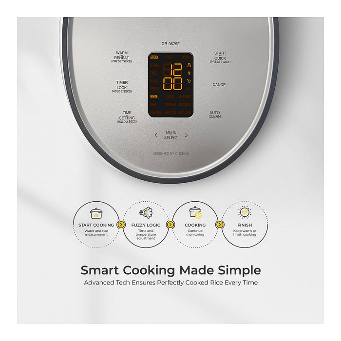 Cuckoo CR-0675F 3D-Hitzesystem Reiskocher 1.08l, Blanco, Pantalla Táctil LCD, 120V/60Hz, con Tapa Desmontable y Espátula