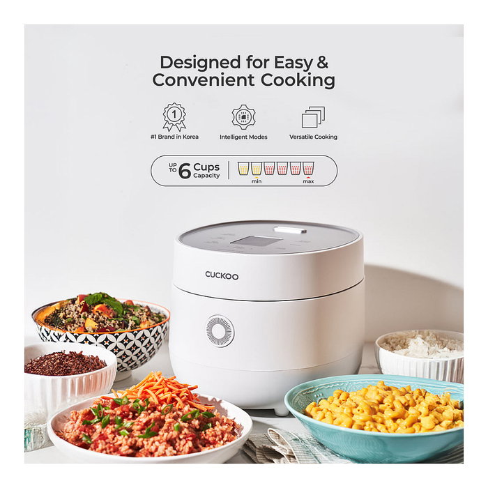 Cuckoo CR-0675F 3D-Hitzesystem Reiskocher 1.08l, Blanco, Pantalla Táctil LCD, 120V/60Hz, con Tapa Desmontable y Espátula