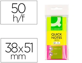 Q-connect Bloc de notas adhesivas quita y pon 38x51 mm, pack de 3 unidades con 50 hojas por color, surtido neón