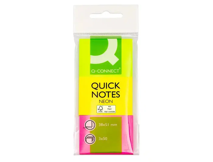 Q-connect Bloc de notas adhesivas quita y pon 38x51 mm, pack de 3 unidades con 50 hojas por color, surtido neón