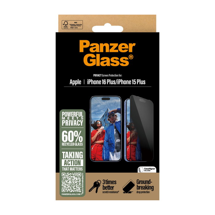 PanzerGlass Protector de Pantalla Privacidad para iPhone 16 Plus / 15 Plus Ultra-Wide Fit