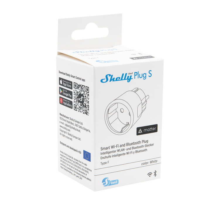 Shelly Plug S Gen3 Matter Wi-Fi Smart-Steckdose 12A Messfunktion WLAN Bluetooth blanco