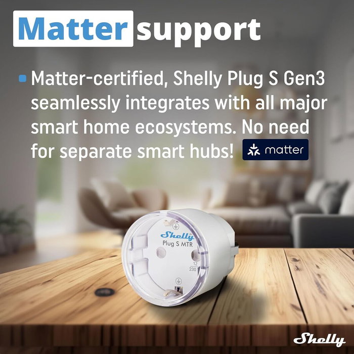 Shelly Plug S Gen3 Matter Wi-Fi Smart-Steckdose 12A Messfunktion WLAN Bluetooth blanco