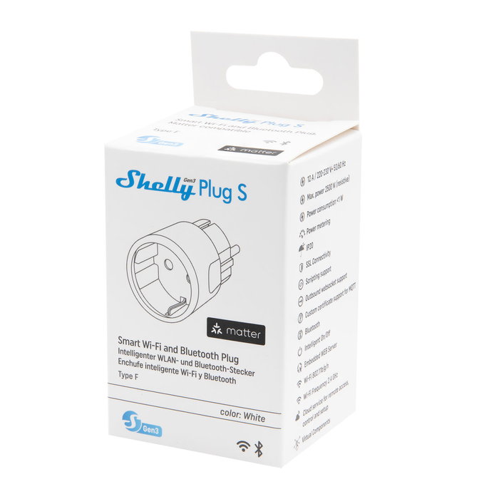 Shelly Plug S Gen3 Matter Wi-Fi Smart-Steckdose 12A Messfunktion WLAN Bluetooth blanco