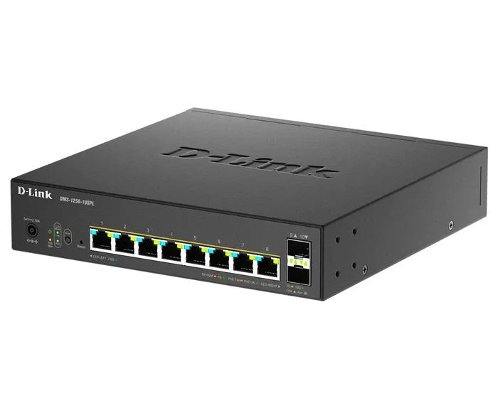 D-Link DMS-1250-10SPL Switch Gestionado L2/L3, 8 Puertos 2.5G Multi-Gigabit PoE+ (120W), 2 Puertos Combo SFP+ 10G, Montaje en Rack