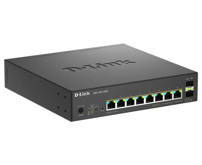 D-Link DMS-1250-10SPL Switch Gestionado L2/L3, 8 Puertos 2.5G Multi-Gigabit PoE+ (120W), 2 Puertos Combo SFP+ 10G, Montaje en Rack