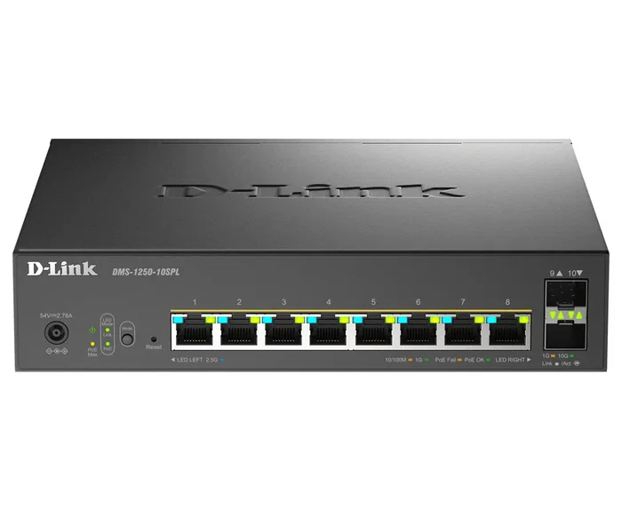 D-Link DMS-1250-10SPL Switch Gestionado L2/L3, 8 Puertos 2.5G Multi-Gigabit PoE+ (120W), 2 Puertos Combo SFP+ 10G, Montaje en Rack