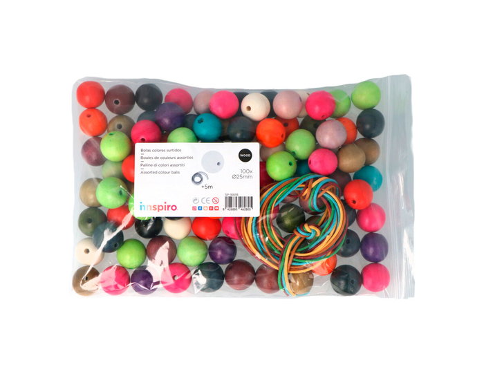 Innspiro Cuentas de madera bola colores surtidos 25mm con 5m de hilo