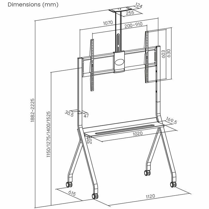 Maclean soporte de tv / carro, estante de cÁmara, sobre ruedas, 55-100", carga mÁx. 120kg/10kg estante, mÁx. vesa 900x600, negro