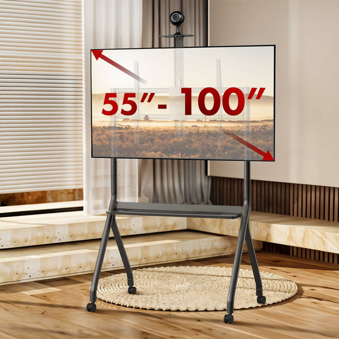Maclean soporte de tv / carro, estante de cÁmara, sobre ruedas, 55-100", carga mÁx. 120kg/10kg estante, mÁx. vesa 900x600, negro