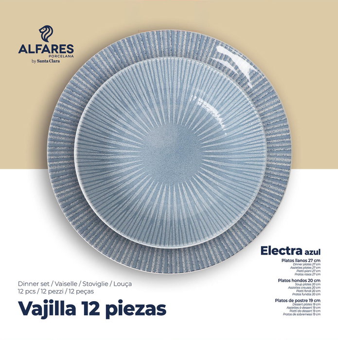 Santa Clara Vajilla "Electra", 12 Piezas, Color Azul, Plato Hondo 20.3 cm, Plato Llano 27 cm, Plato Postre 19.4 cm (2 Unidades)
