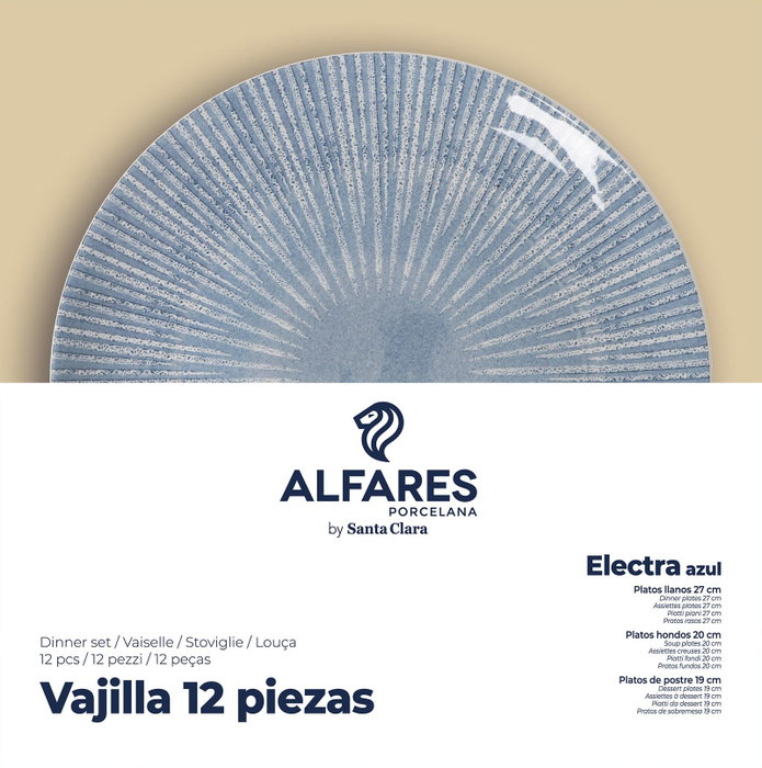 Santa Clara Vajilla "Electra", 12 Piezas, Color Azul, Plato Hondo 20.3 cm, Plato Llano 27 cm, Plato Postre 19.4 cm (2 Unidades)