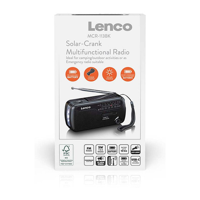 Lenco MCR-113BK Radio portátil Solar FM/SO, Negro, batería USB y dinamo Lenco MCR-113BK Radio portátil Solar FM/SO, Negro, batería USB y dinamo