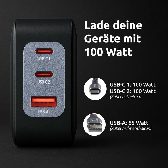 Intenso Kit Cargador GaN W100ACC 100W con 2x USB-C, 1x USB-A y Cable USB-C