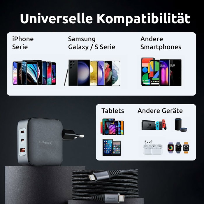 Intenso Kit Cargador GaN W100ACC 100W con 2x USB-C, 1x USB-A y Cable USB-C