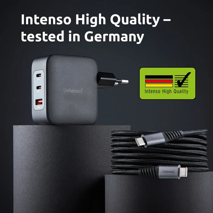 Intenso Kit Cargador GaN W100ACC 100 W con 2x USB-C, 1x USB-A y Cable USB-C