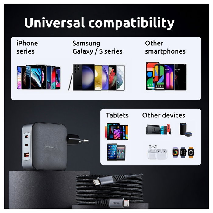 Intenso Kit Cargador GaN W100ACC 100 W con 2x USB-C, 1x USB-A y Cable USB-C Intenso Kit Cargador GaN W100ACC 100 W con 2x USB-C, 1x USB-A y Cable USB-C