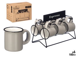 Vessia Set 6 Tazas de Café Gris 100ml Porcelana y Metal con Soporte 23x15x17 cm (Set de 6)