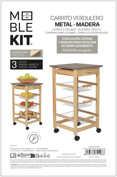 Inde Carrito Verdulero 3 Niveles con Cajón 38 cm x 15 cm x 72 cm (2 Unidades)