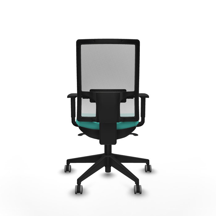 Silla de oficina Horna con mecanismo Sincro tapizada con Similpiel color Turquesa y malla color Blanco. Equipada con lumbar 1D, Brazos 1D y Ruedas 65 mm parqué Silla de oficina Horna con mecanismo Sincro tapizada con Similpiel color Turquesa y malla color Blanco. Equipada con lumbar 1D, Brazos 1D y Ruedas 65 mm parqué