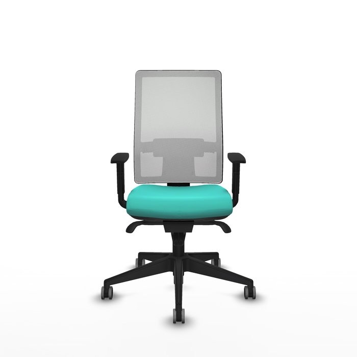 Silla de oficina Horna con mecanismo Sincro tapizada con Similpiel color Turquesa y malla color Blanco. Equipada con lumbar 1D, Brazos 1D y Ruedas 65 mm parqué Silla de oficina Horna con mecanismo Sincro tapizada con Similpiel color Turquesa y malla color Blanco. Equipada con lumbar 1D, Brazos 1D y Ruedas 65 mm parqué