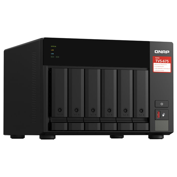 QNAP TVS-675-8G NAS de 6 bahías, Torre, Procesador ZhaoXin KaiXian KX-U6580 8 núcleos 2.5 GHz, 8 GB DDR4, 6x SATA, 2x M.2, 2x LAN 2.5GbE, QuTS hero