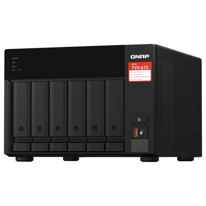 QNAP TVS-675-8G NAS de 6 bahías, Torre, Procesador ZhaoXin KaiXian KX-U6580 8 núcleos 2.5 GHz, 8 GB DDR4, 6x SATA, 2x M.2, 2x LAN 2.5GbE, QuTS hero