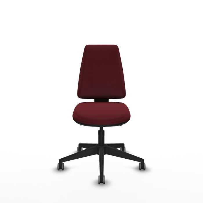 Silla de oficina Elche con mecanismo Asincro tapizada con Similpiel color Granate. Equipada con Base piramidal negra, Sin brazos y Ruedas 65 mm parqué