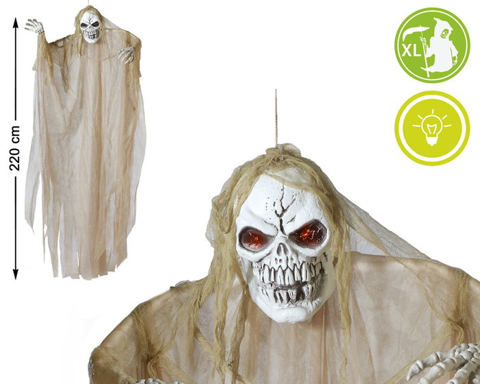 Calavera Colgante Halloween 220 cm Con Ojos Iluminados Y Capa Beige Calavera Colgante Halloween 220 cm Con Ojos Iluminados Y Capa Beige