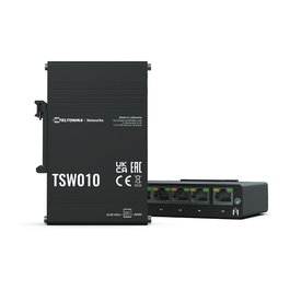 Teltonika TSW010 Switch DIN Rail 5 Puertos Fast Ethernet (10/100 Mbit/s), Conmutación 1 Gbit/s, PoE Pasivo, Montaje Carril DIN, Negro