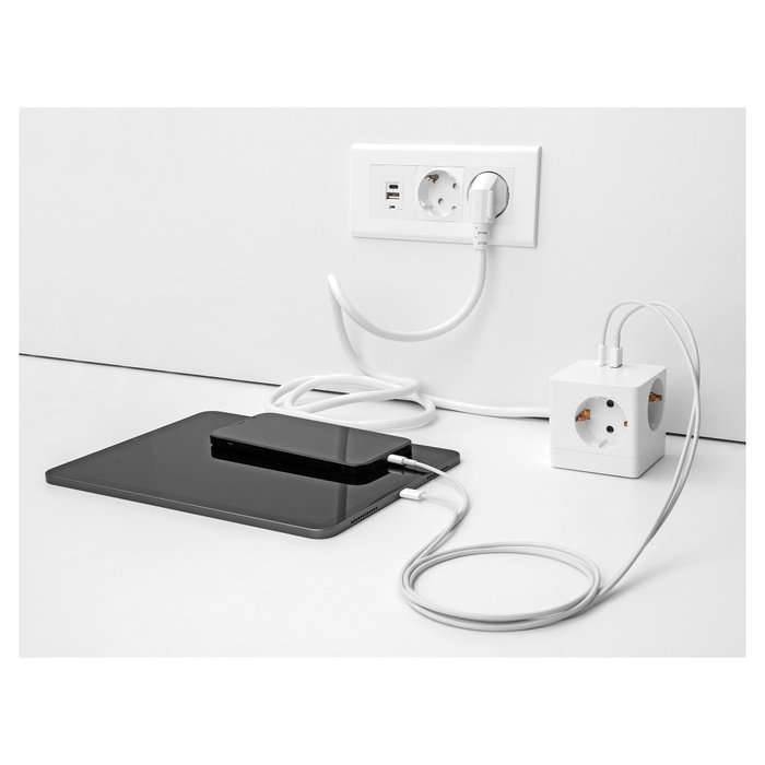 DeLOCK Cubo de 3 vías con seguro para niños y cargador USB PD 3.0 20 W, 1,5 m, blanco